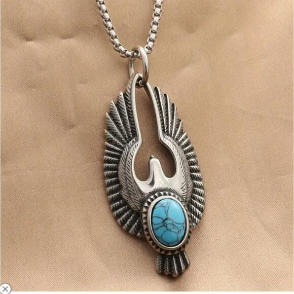 Silver Tone Bird Eagle Peyote Pendant Necklace With Imitation Turquoise - Picture 3 of 3